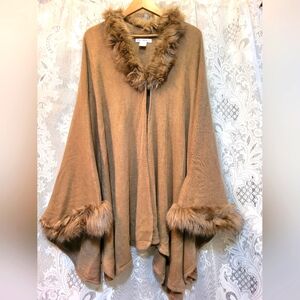 Say What One Size Soft Brown Poncho w/Faux Fur Neck & Wrist Trim